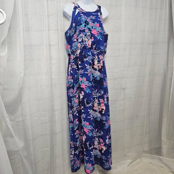 Xhiliration Blue Pink Floral Tropical Sleeveless Maxi Dress L - Picture 4 of 12